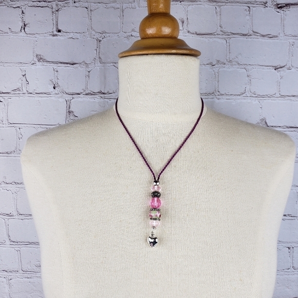 SAQ Handmade Glass Bead Heart Necklace Satin Cord Lanyard Valentine's Day - Picture 4 of 10